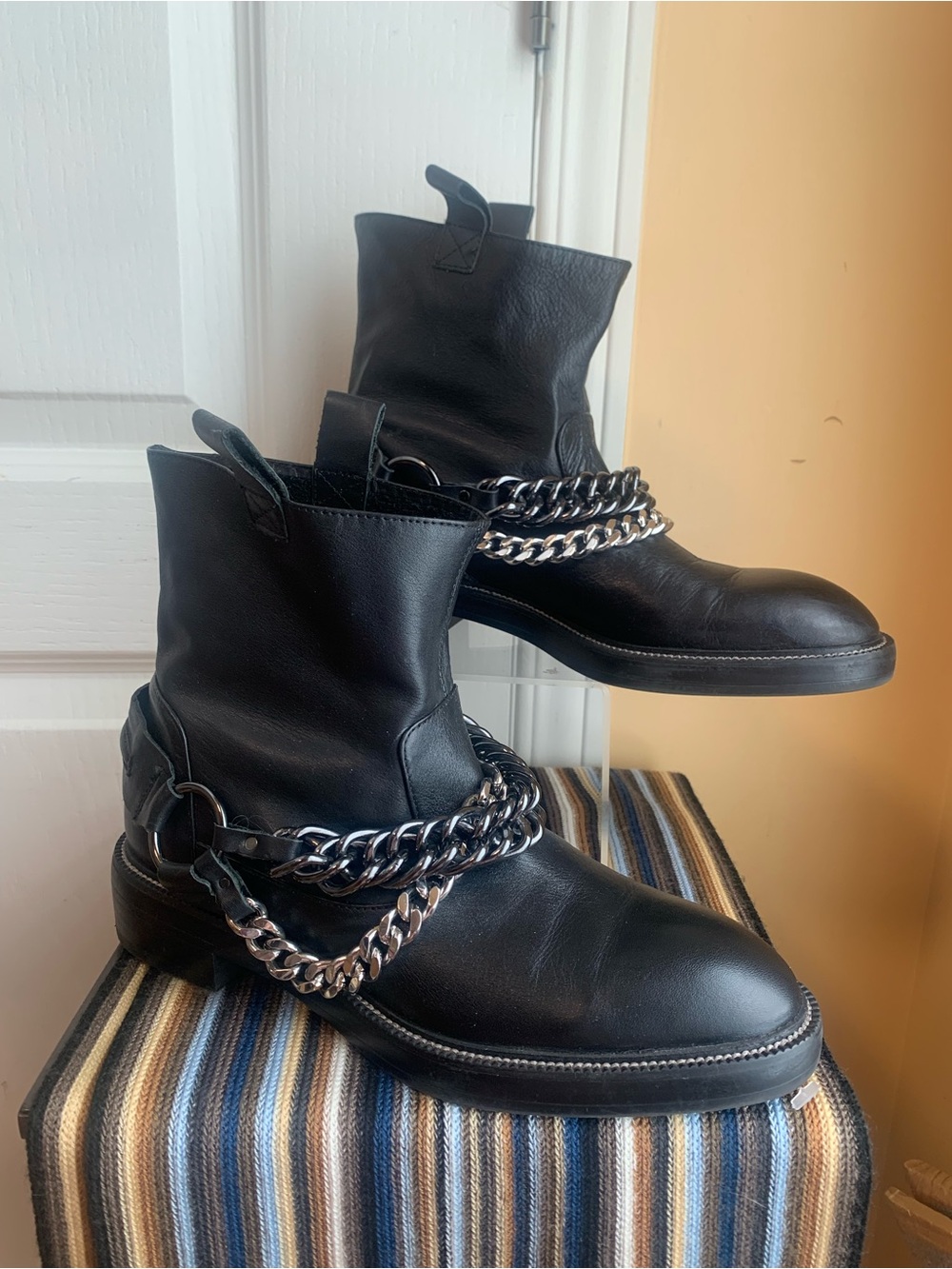 Black Leather Boots with Silver Chain moto style